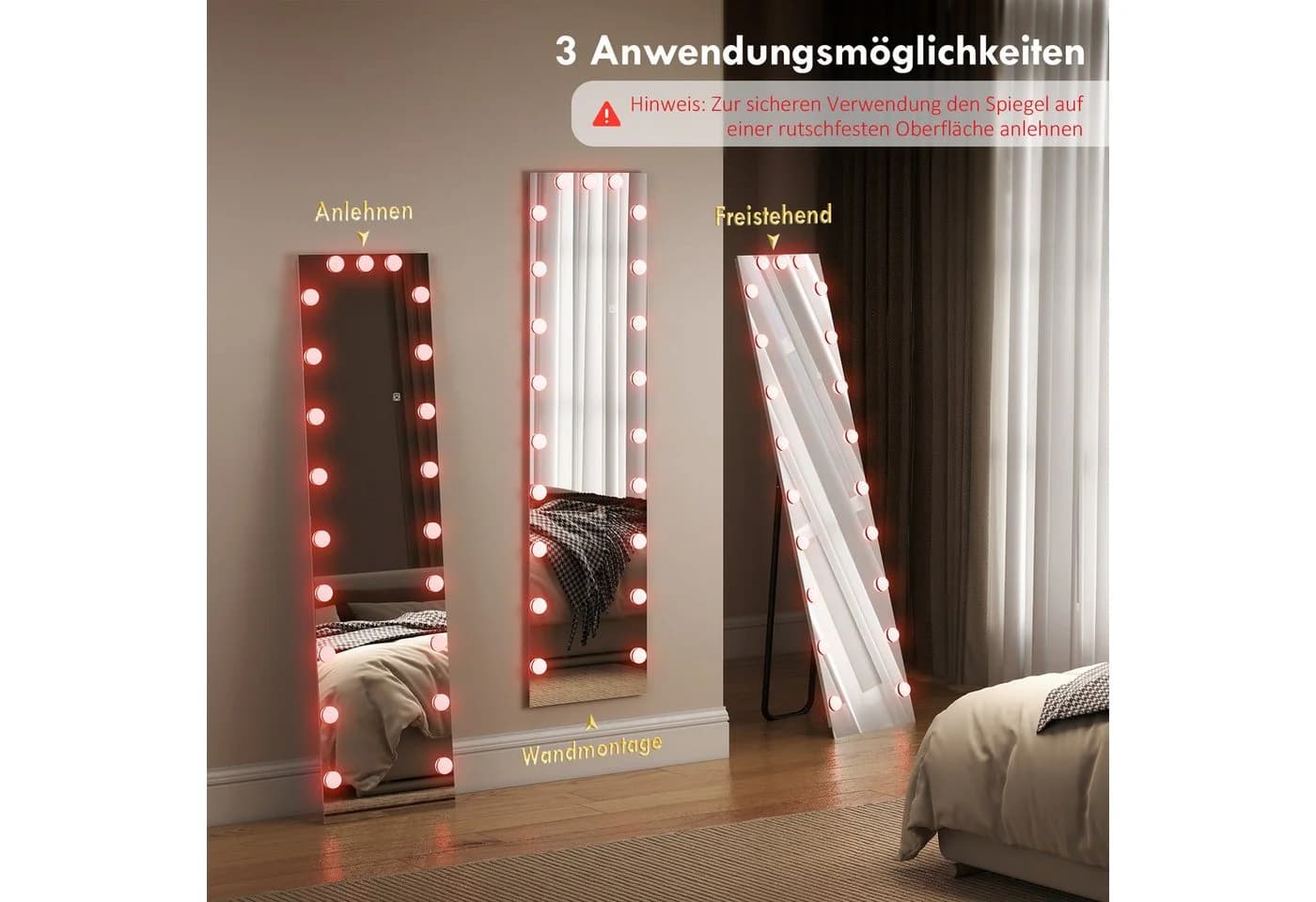 HOMCOM Standspiegel mit 21 Glühbirnen, 7 Lichtfarben, Touch-Schalter, Memory-Funktion - Bild 5