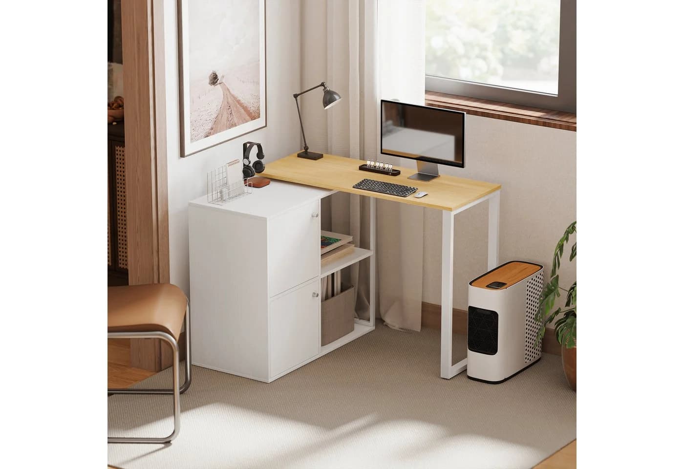 HOMCOM Schreibtisch mit 2 Lagerschränken, 2 offenen Regalen, 360° drehbar, L-förmig, Weiß - Bild 2