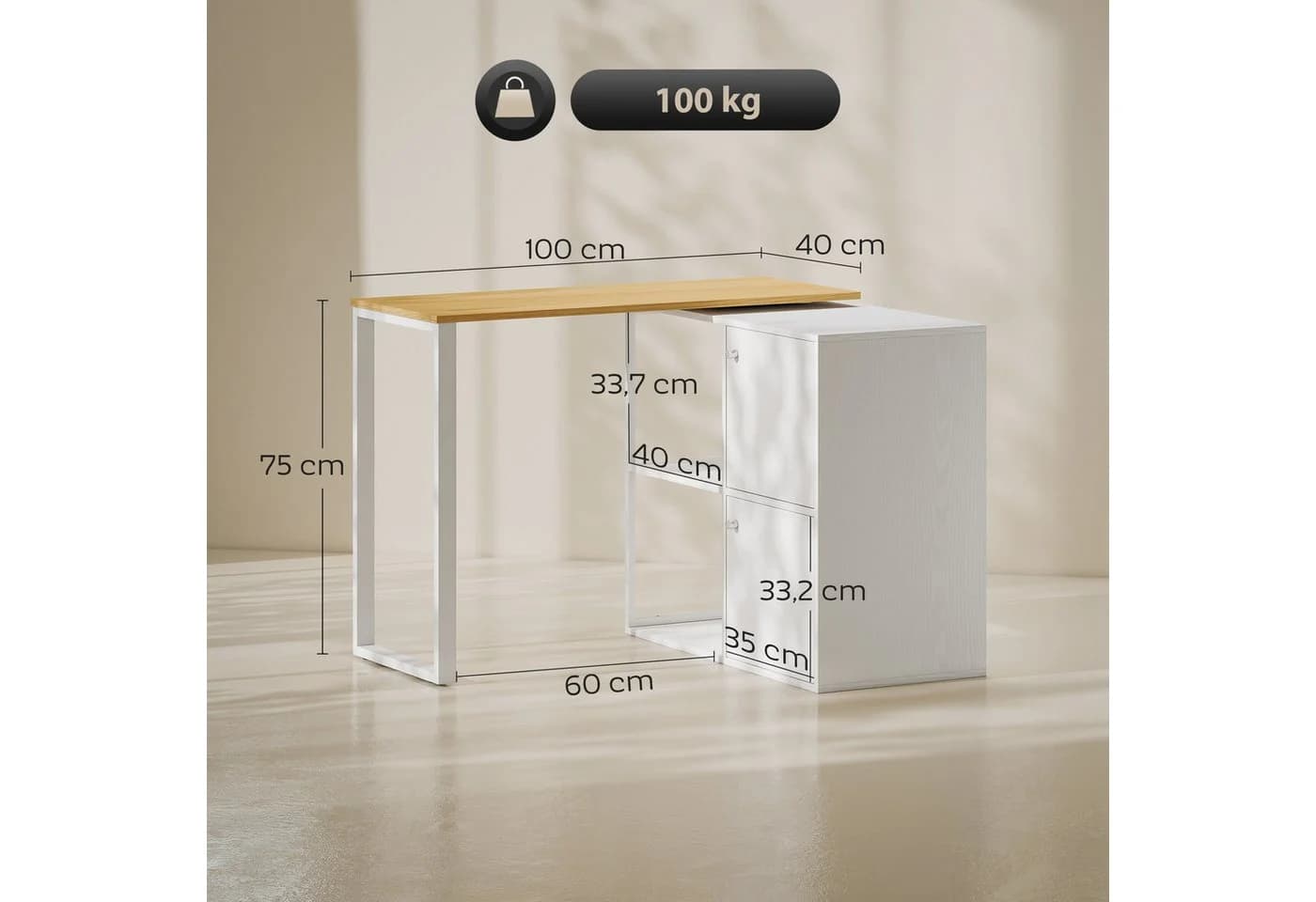 HOMCOM Schreibtisch mit 2 Lagerschränken, 2 offenen Regalen, 360° drehbar, L-förmig, Weiß - Bild 3