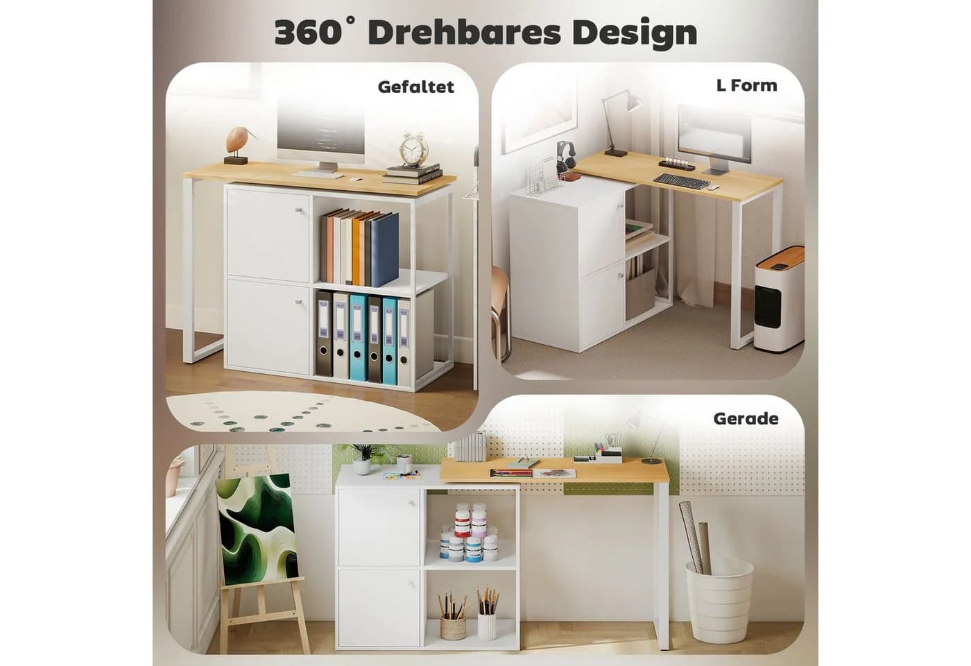 HOMCOM Schreibtisch mit 2 Lagerschränken, 2 offenen Regalen, 360° drehbar, L-förmig, Weiß - Bild 4