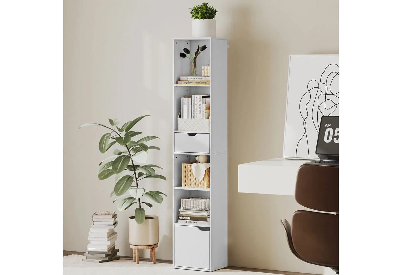 HOMCOM Bücherregal Weiß 4 Fächer Schublade Schrank - Bild 2