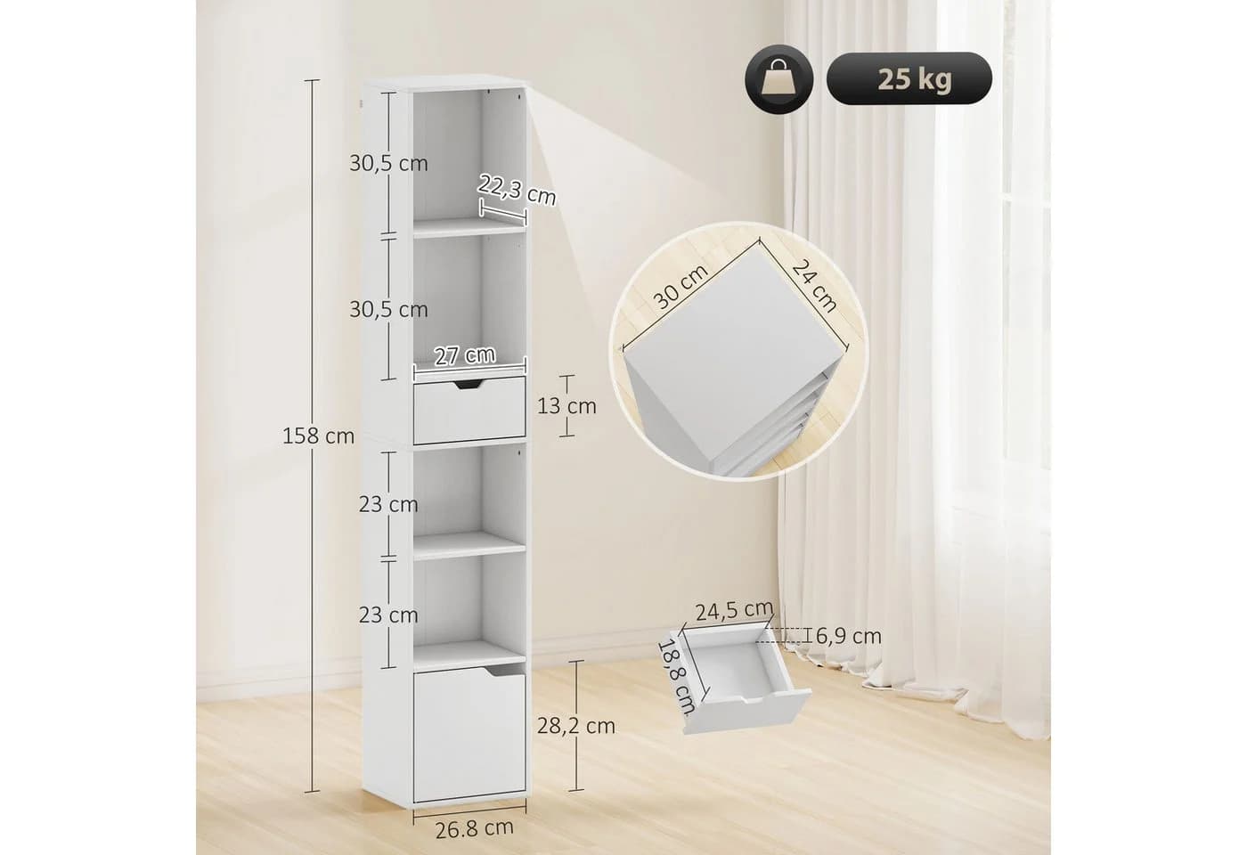 HOMCOM Bücherregal Weiß 4 Fächer Schublade Schrank - Bild 3
