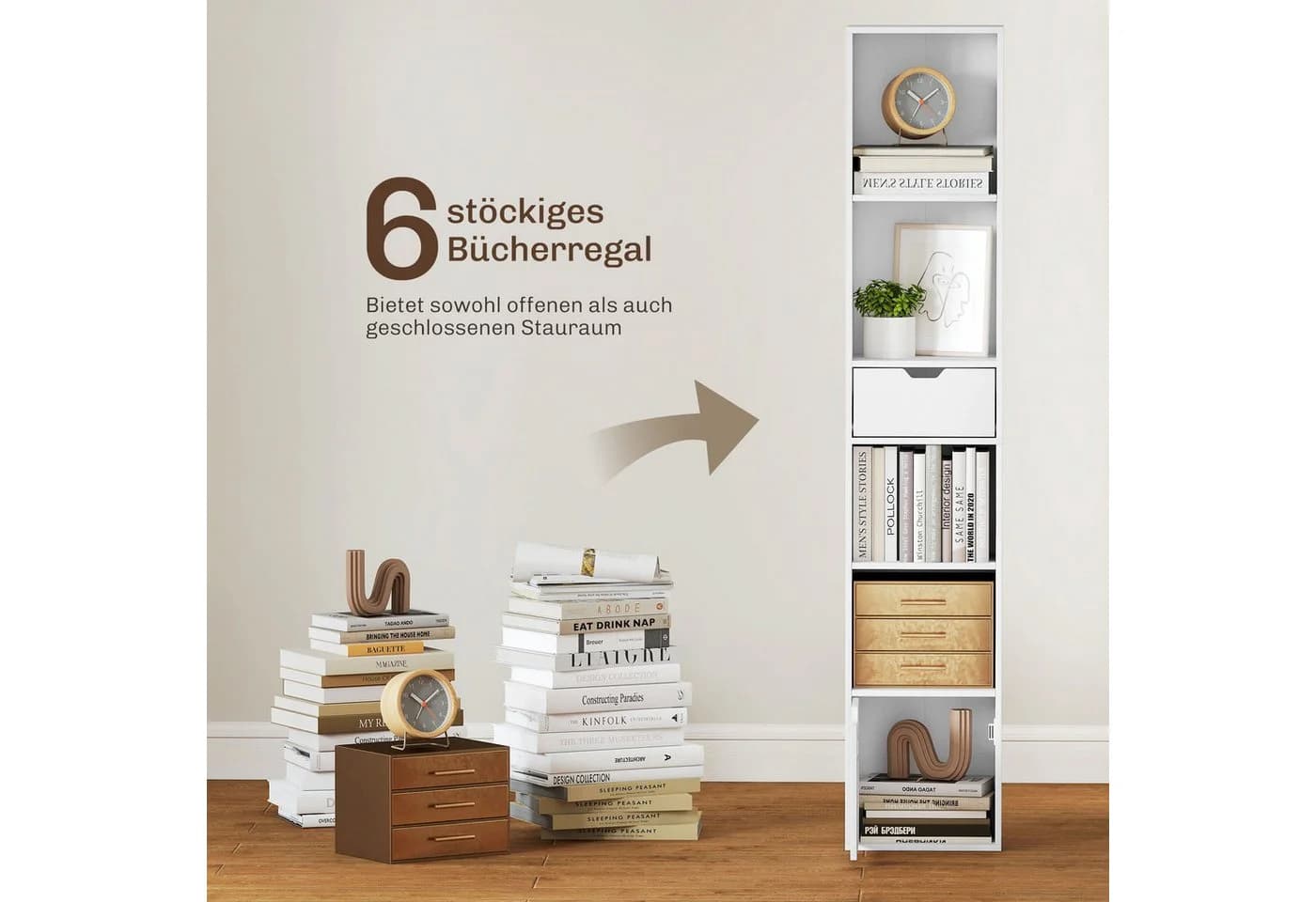 HOMCOM Bücherregal Weiß 4 Fächer Schublade Schrank - Bild 4