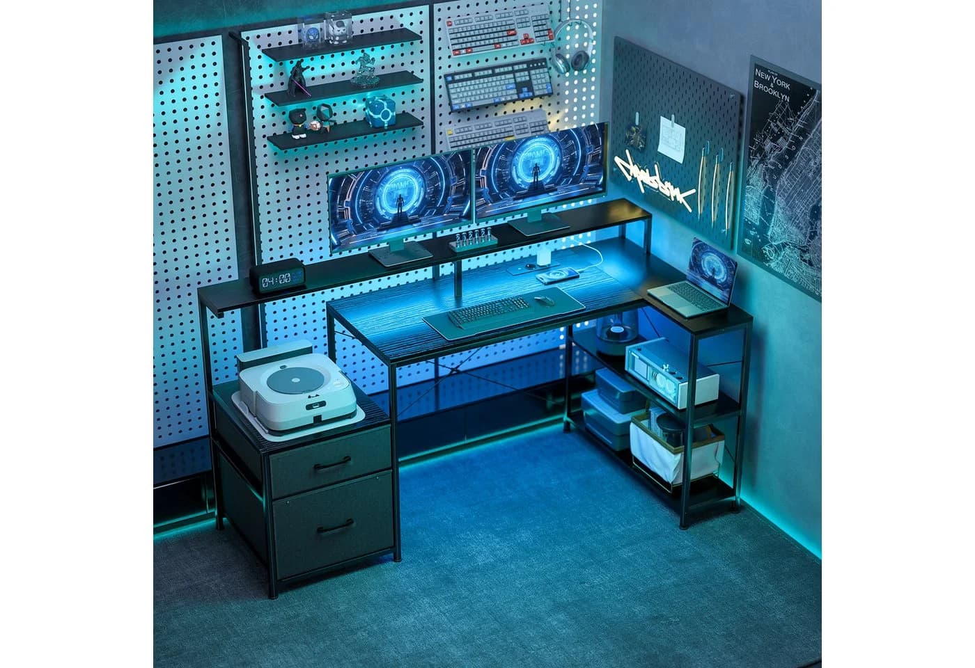 HOMCOM Gamingtisch mit LED & Steckdosen, Doppelmonitorständer, Schwarz - Bild 2