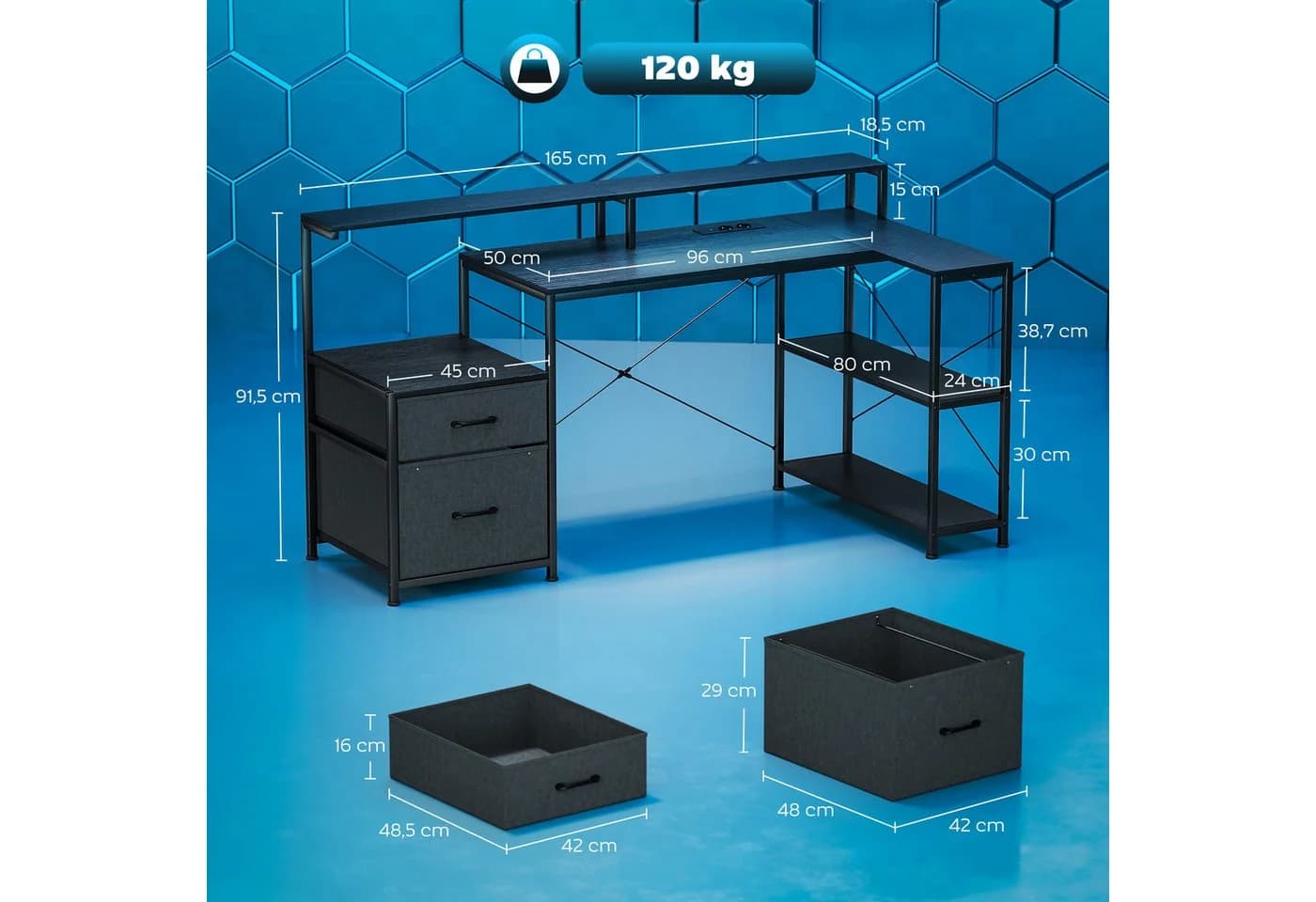 HOMCOM Gamingtisch mit LED & Steckdosen, Doppelmonitorständer, Schwarz - Bild 3