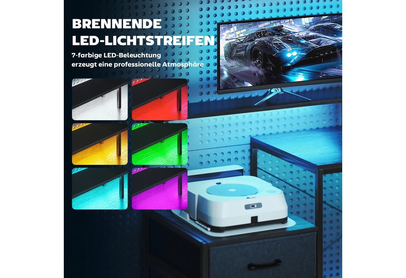 HOMCOM Gamingtisch mit LED & Steckdosen, Doppelmonitorständer, Schwarz - Bild 4