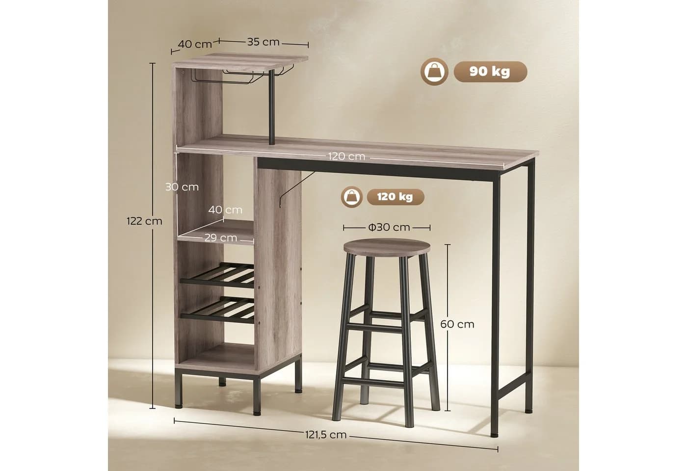 HOMCOM Bartisch-Set 3-tlg. Grau Industriestil - Bild 3