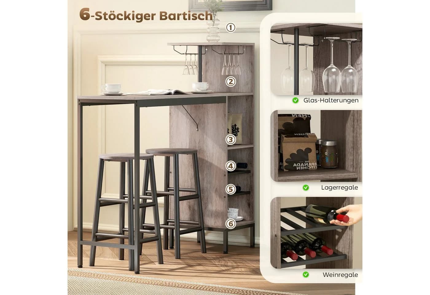 HOMCOM Bartisch-Set 3-tlg. Grau Industriestil - Bild 4