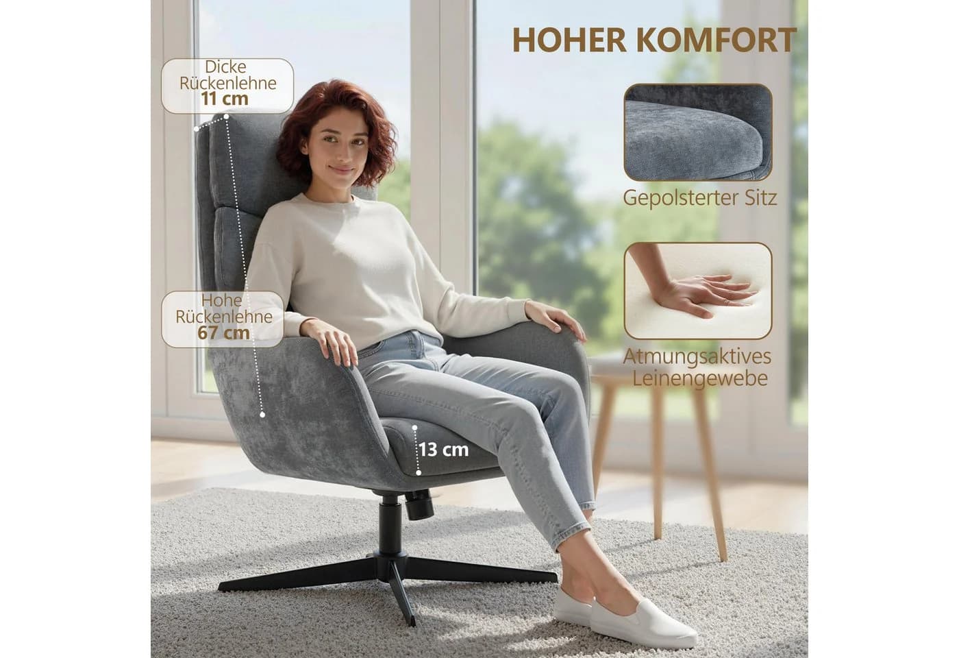 HOMCOM Relaxsessel mit hoher Rückenlehne, Leinenoptik, Grau - Bild 5