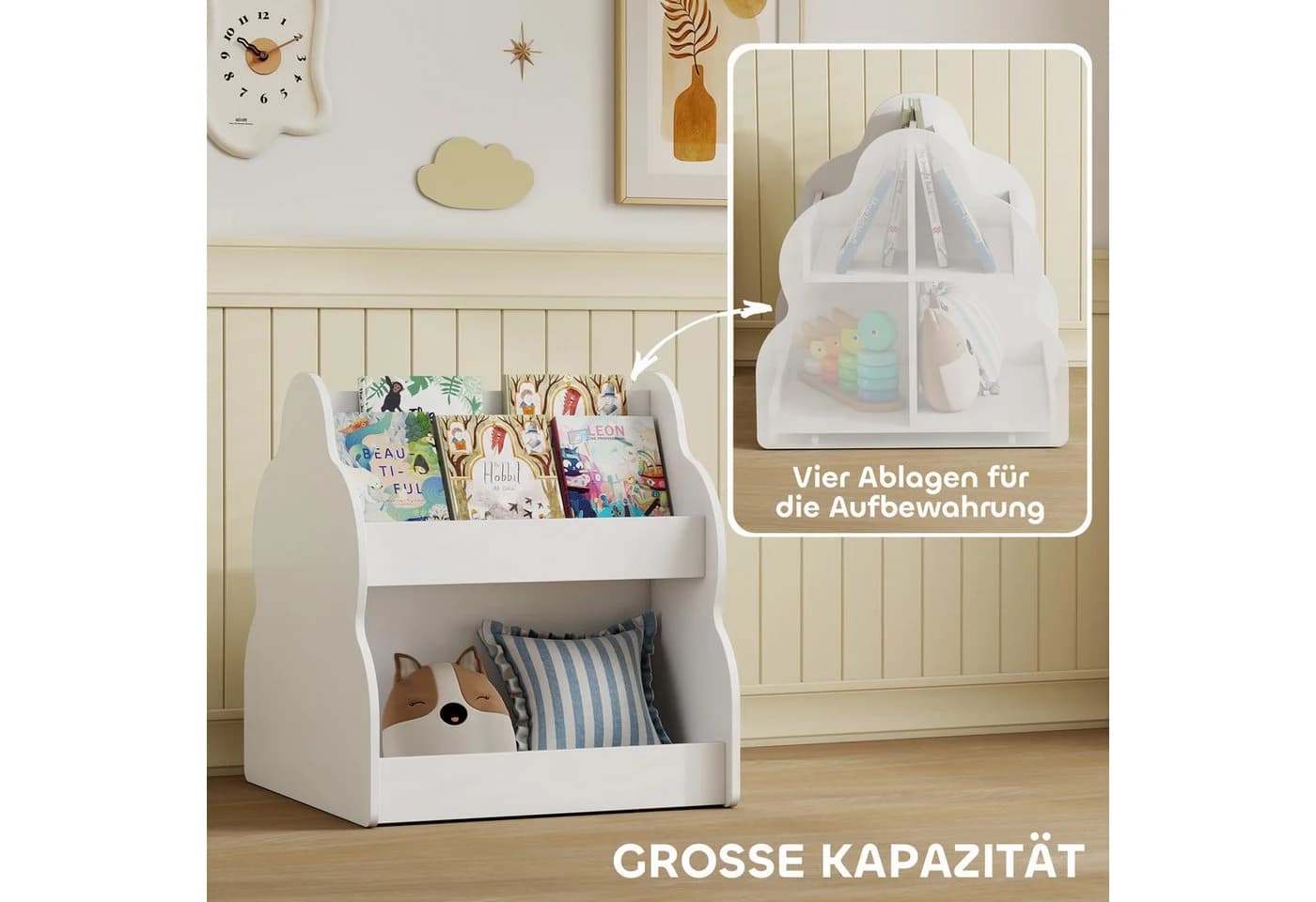 AIYAPLAY Spielzeugtruhe mit Rädern, 4 Regalen, Weiß - Bild 4