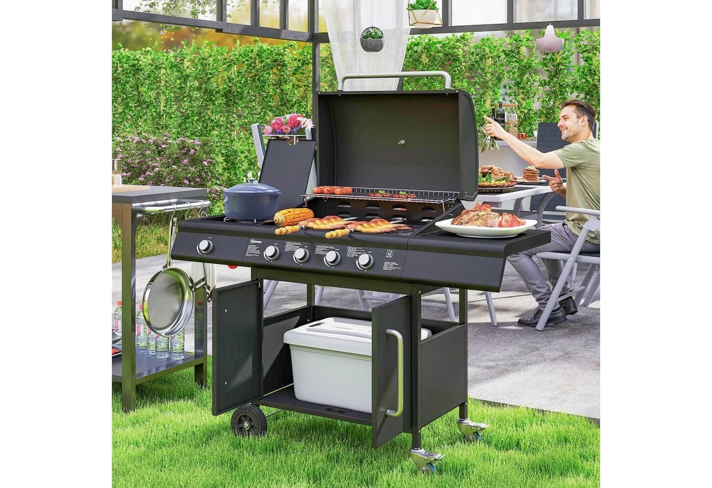 Outsunny Gasgrill 5 Brenner Schwarz mit Seitenkocher und Schrank - Bild 2