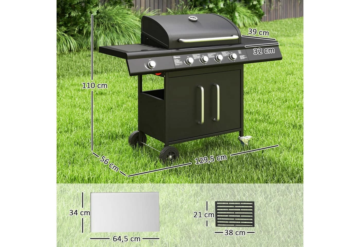 Outsunny Gasgrill 5 Brenner Schwarz mit Seitenkocher und Schrank - Bild 3
