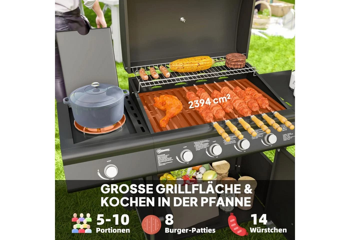 Outsunny Gasgrill 5 Brenner Schwarz mit Seitenkocher und Schrank - Bild 4