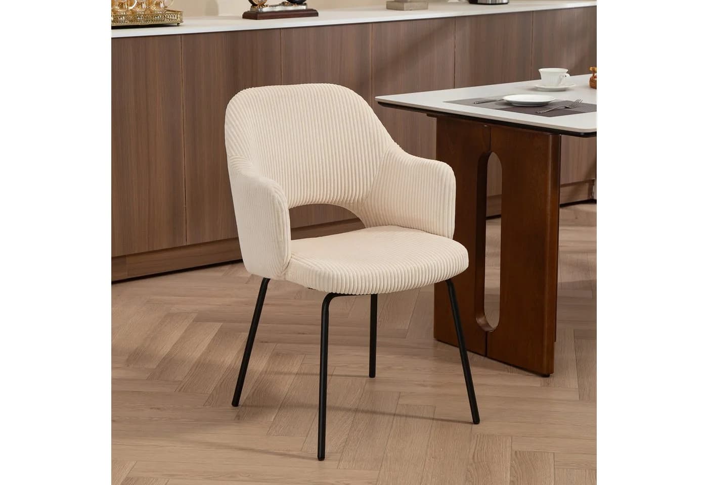 HOMCOM Esszimmerstuhl Beige Cord Polsterstuhl mit Stahlbeinen - Bild 2