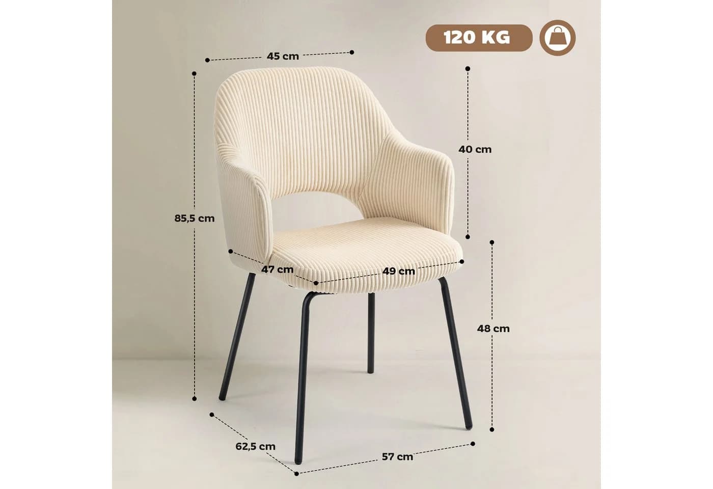 HOMCOM Esszimmerstuhl Beige Cord Polsterstuhl mit Stahlbeinen - Bild 3