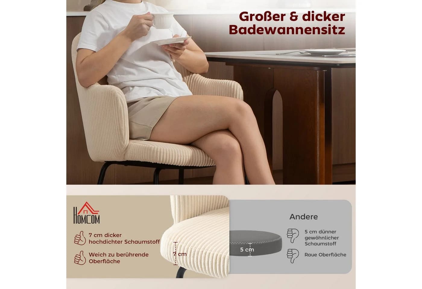 HOMCOM Esszimmerstuhl Beige Cord Polsterstuhl mit Stahlbeinen - Bild 4