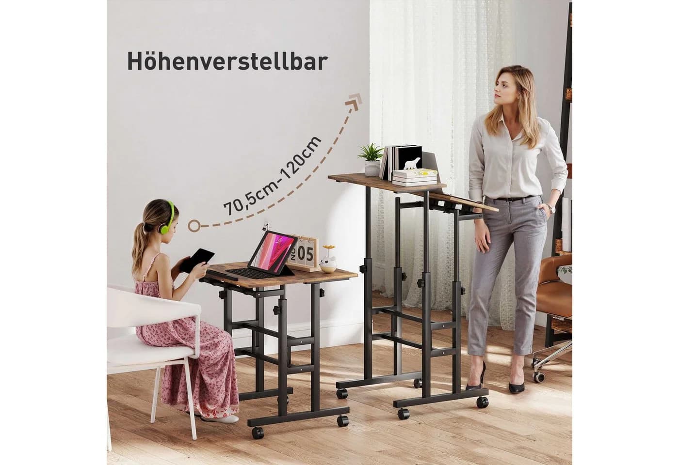 HOMCOM Schreibtisch 2-stufige Arbeitsfläche Höhenverstellbar Rustikal-Braun - Bild 4