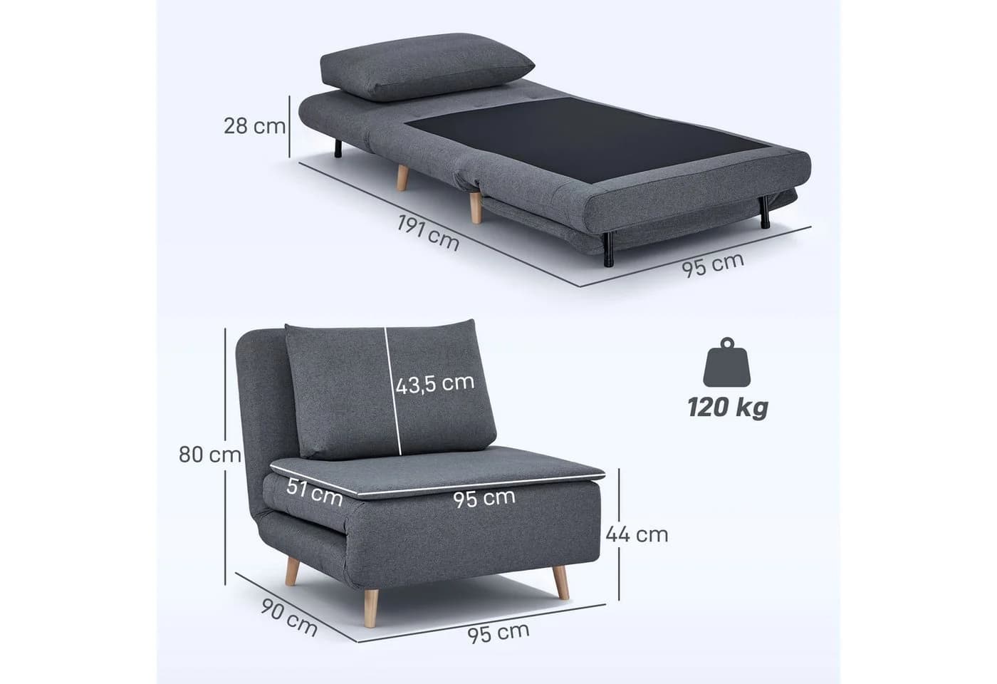 HOMCOM Schlafsessel mit Bett-Funktion, Liegesessel, verstellbare Rückenlehne, Grau - Bild 3
