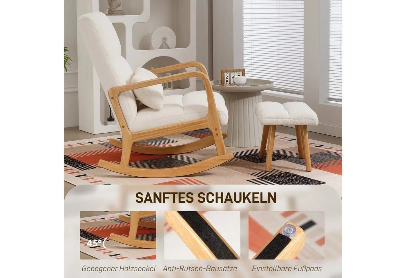 HOMCOM Schaukelsessel mit Hocker Weiß Fleece Armlehnen - Bild 4