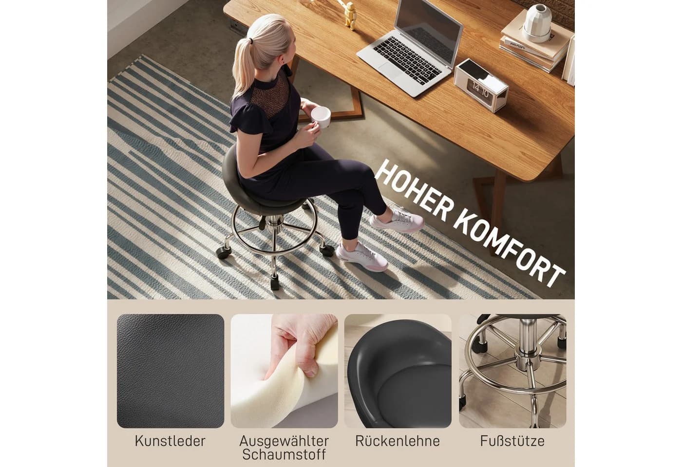 HOMCOM Drehhocker mit Rückenlehne Schwarz höhenverstellbar Rollhocker - Bild 5