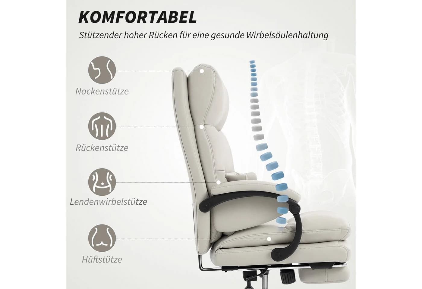 HOMCOM Bürostuhl Kunstleder Hellgrau mit Lendenwirbelstütze und Armlehnen - Bild 4