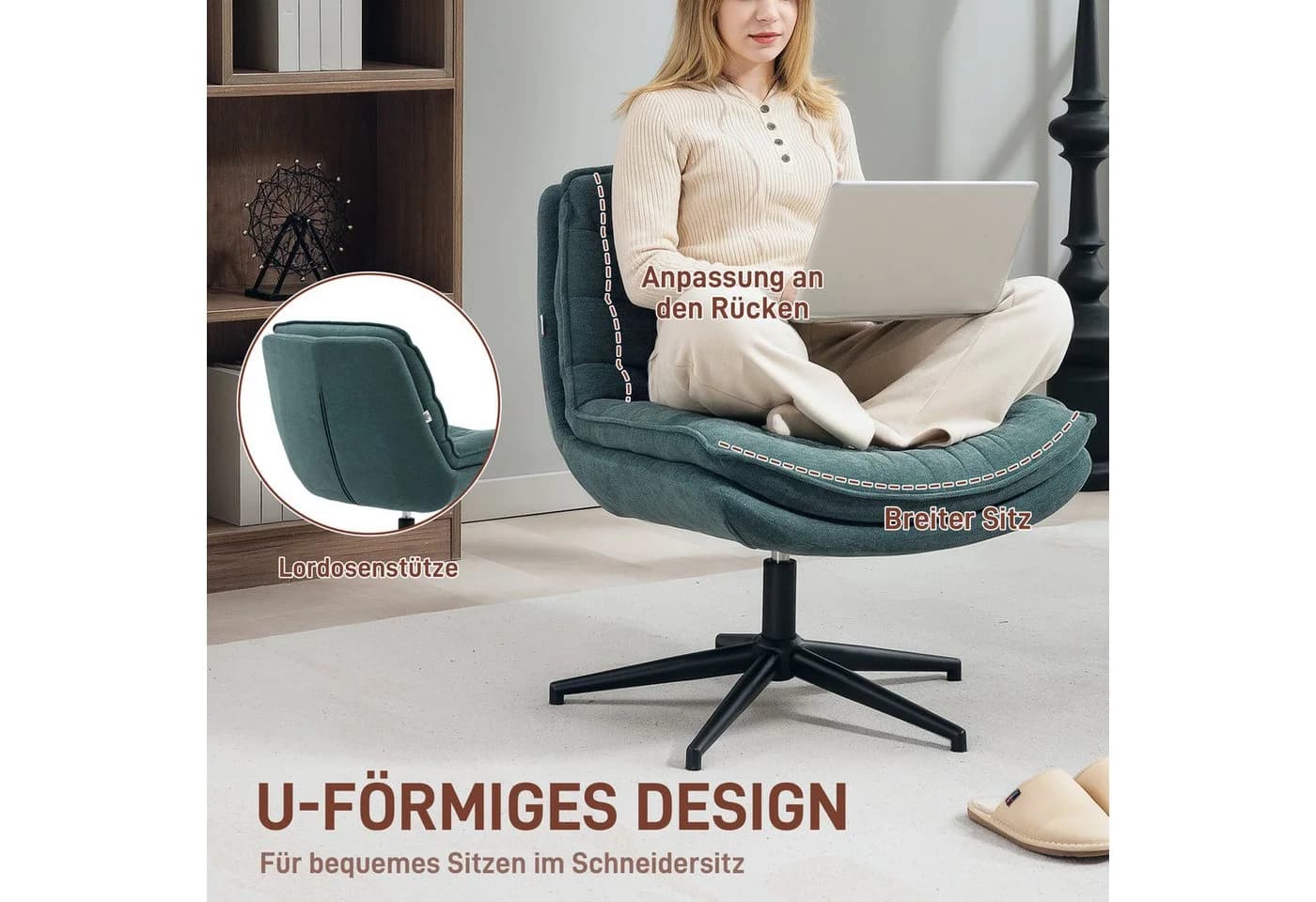 HOMCOM Bürostuhl ohne Armlehnen Dunkelgrün Leinenoptik - Bild 4