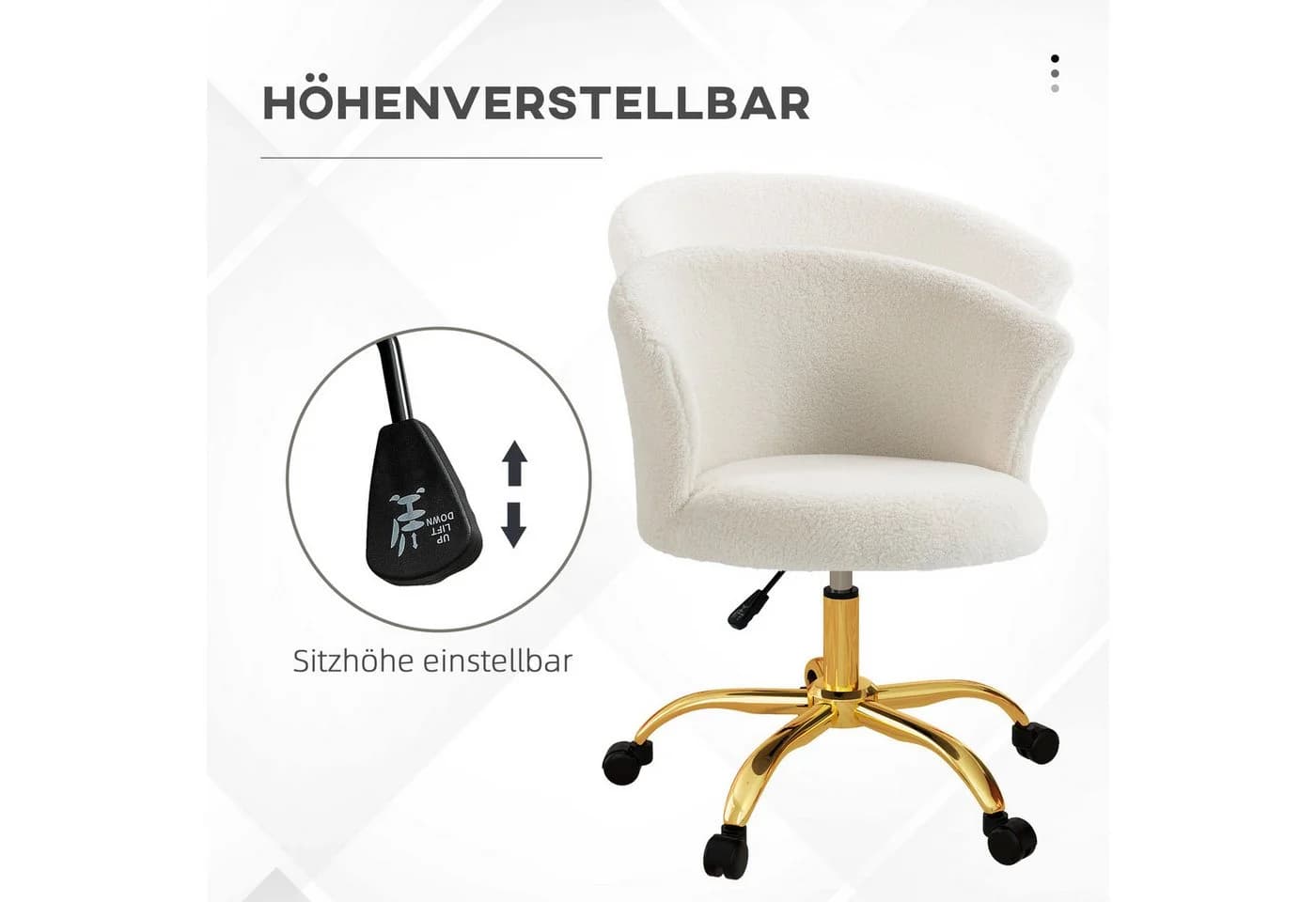 Vinsetto Bürostuhl mit Samtoptik, drehbaren Rollen, höhenverstellbarer Schreibtischstuhl, Weiß - Bild 4