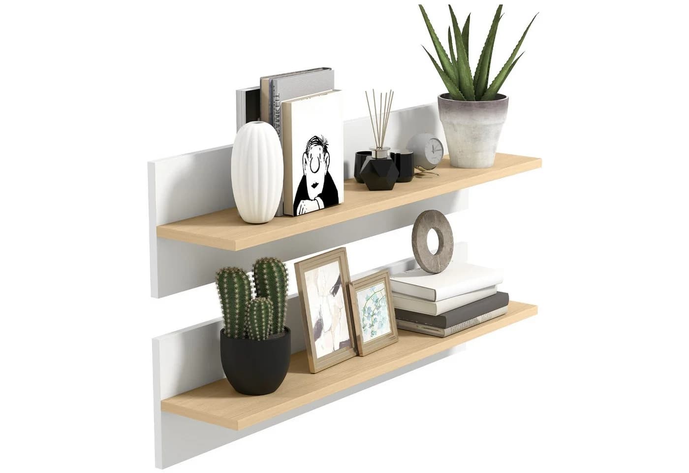 HOMCOM Wandregal 2er-Set Schweberegal für Küche, Wohnzimmer, Badezimmer, Weiß+Naturholz