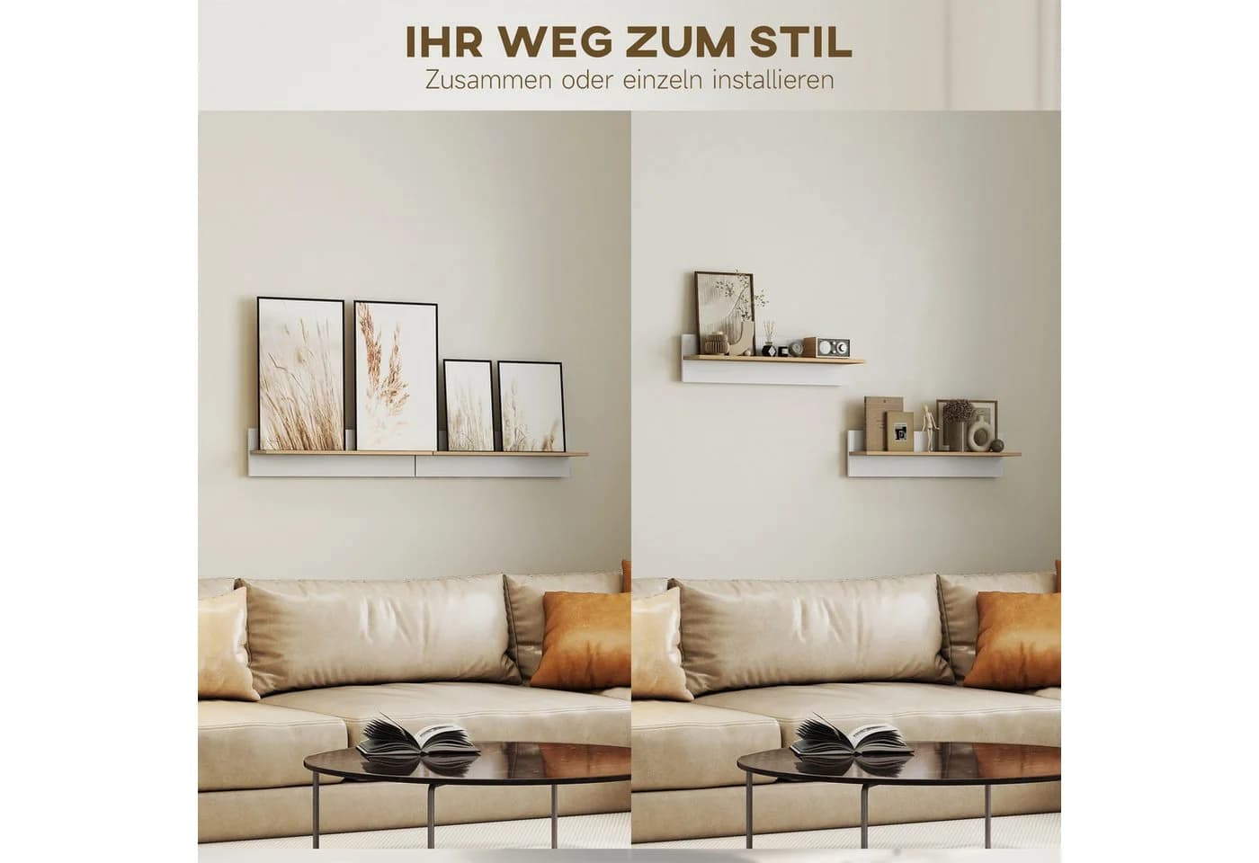 HOMCOM Wandregal 2er-Set Schweberegal für Küche, Wohnzimmer, Badezimmer, Weiß+Naturholz - Bild 4