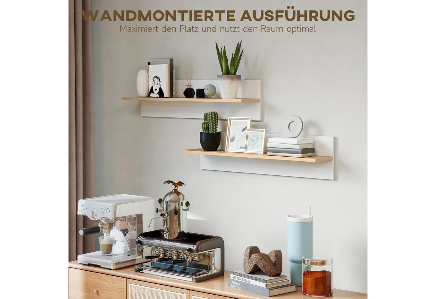 HOMCOM Wandregal 2er-Set Schweberegal für Küche, Wohnzimmer, Badezimmer, Weiß+Naturholz - Bild 5