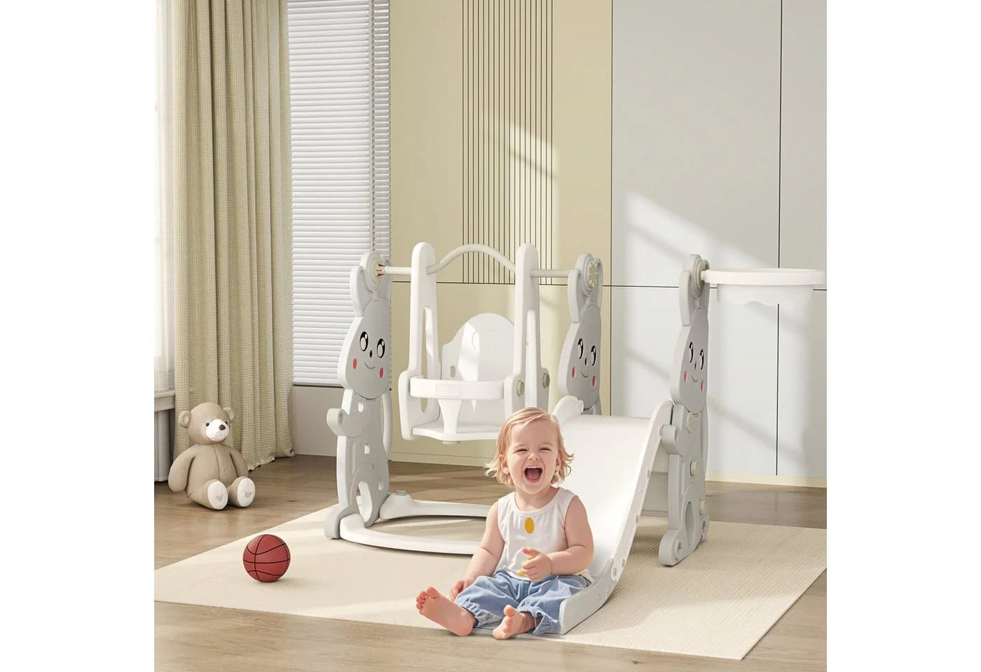 AIYAPLAY 4-in-1 Kinderrutsche mit Schaukel, Basketballkorb & Klettergerüst, Grau