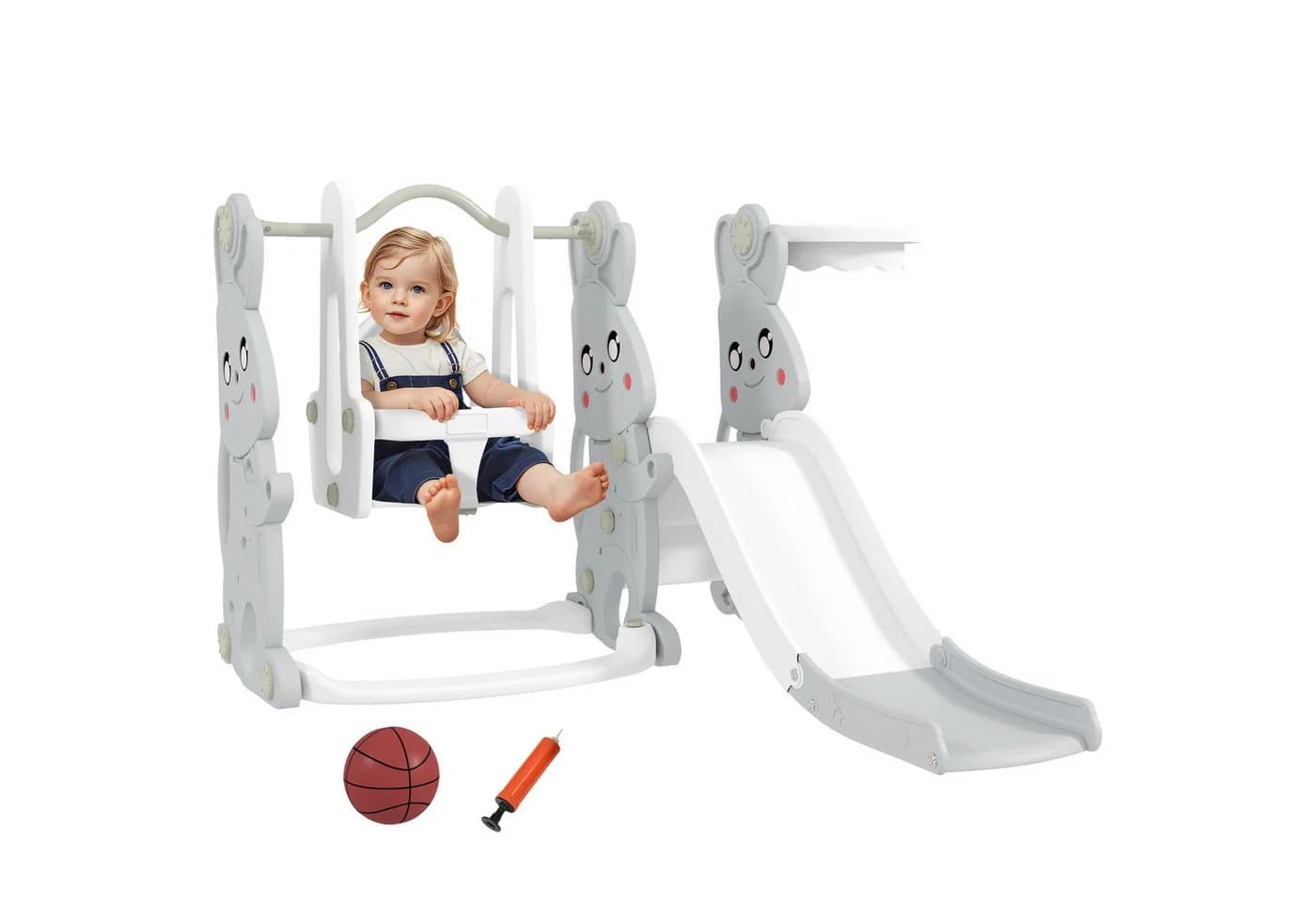 AIYAPLAY 4-in-1 Kinderrutsche mit Schaukel, Basketballkorb & Klettergerüst, Grau - Bild 2