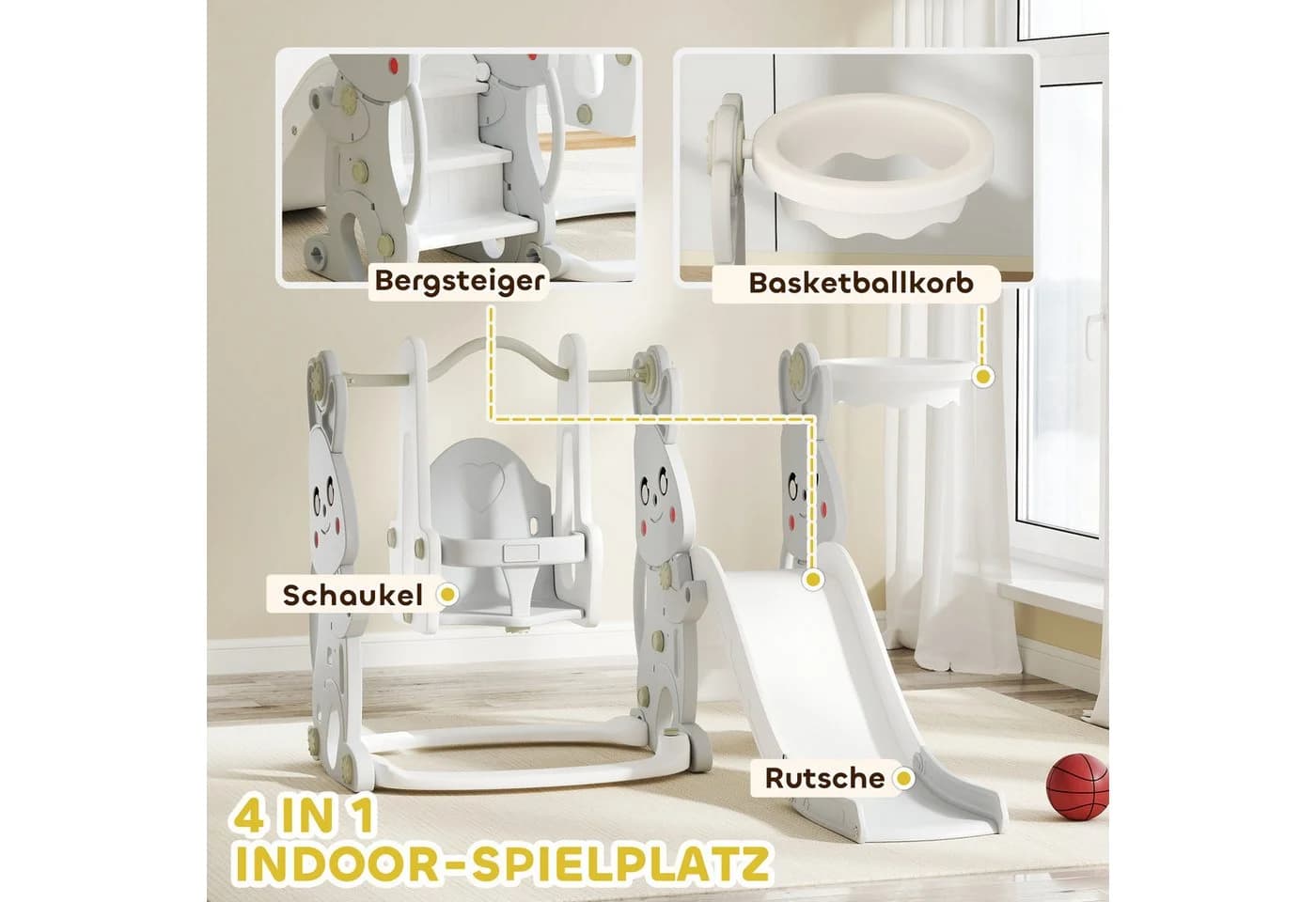 AIYAPLAY 4-in-1 Kinderrutsche mit Schaukel, Basketballkorb & Klettergerüst, Grau - Bild 4