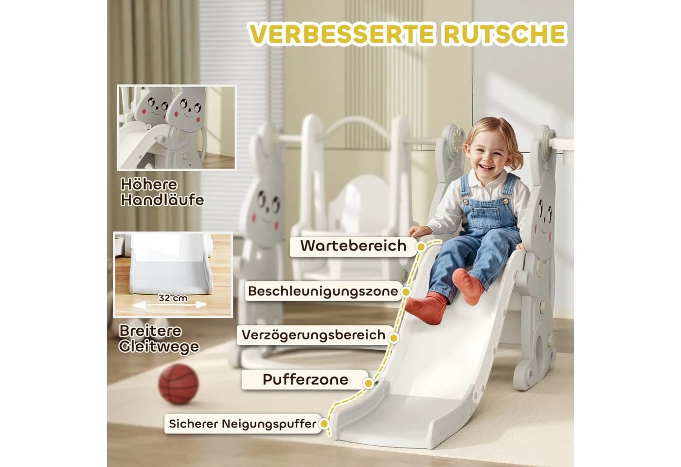 AIYAPLAY 4-in-1 Kinderrutsche mit Schaukel, Basketballkorb & Klettergerüst, Grau - Bild 5