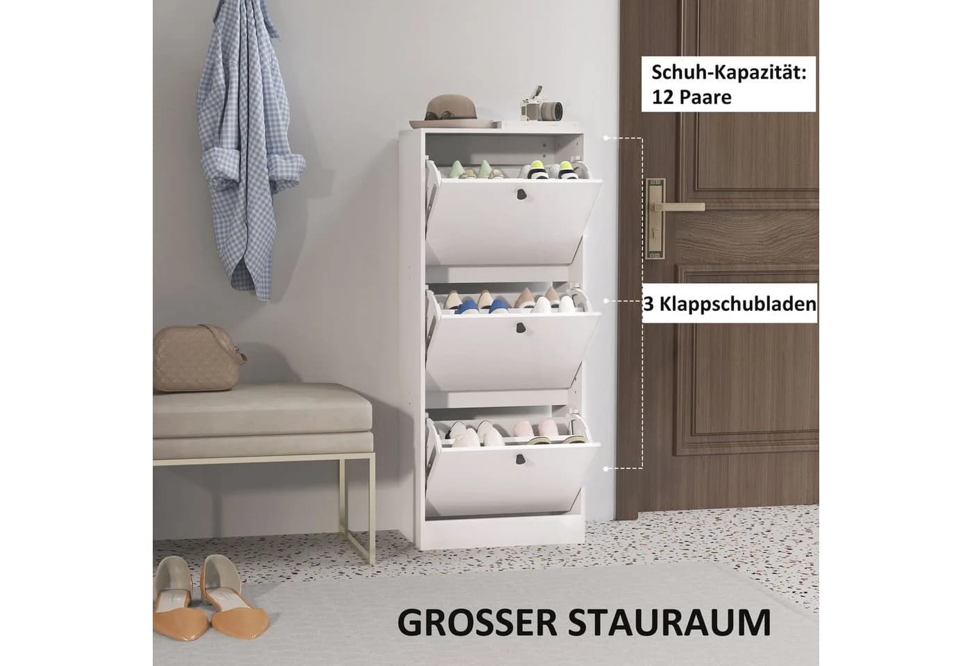 HOMCOM Schuhkipper Weiß 3 Klappen Verstellbar - Bild 4