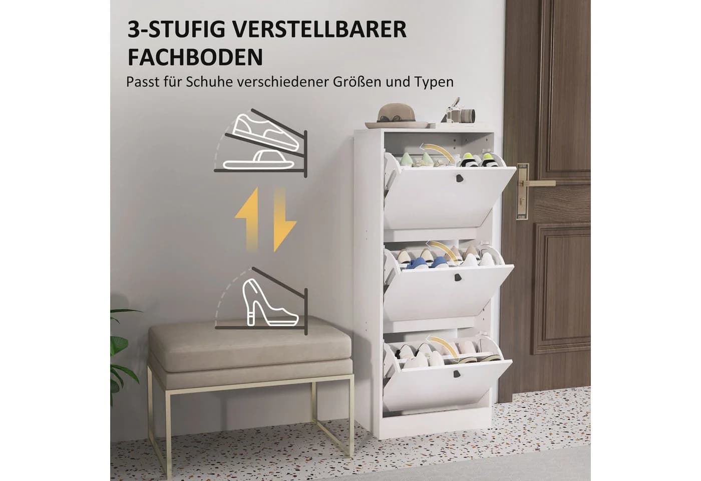 HOMCOM Schuhkipper Weiß 3 Klappen Verstellbar - Bild 5