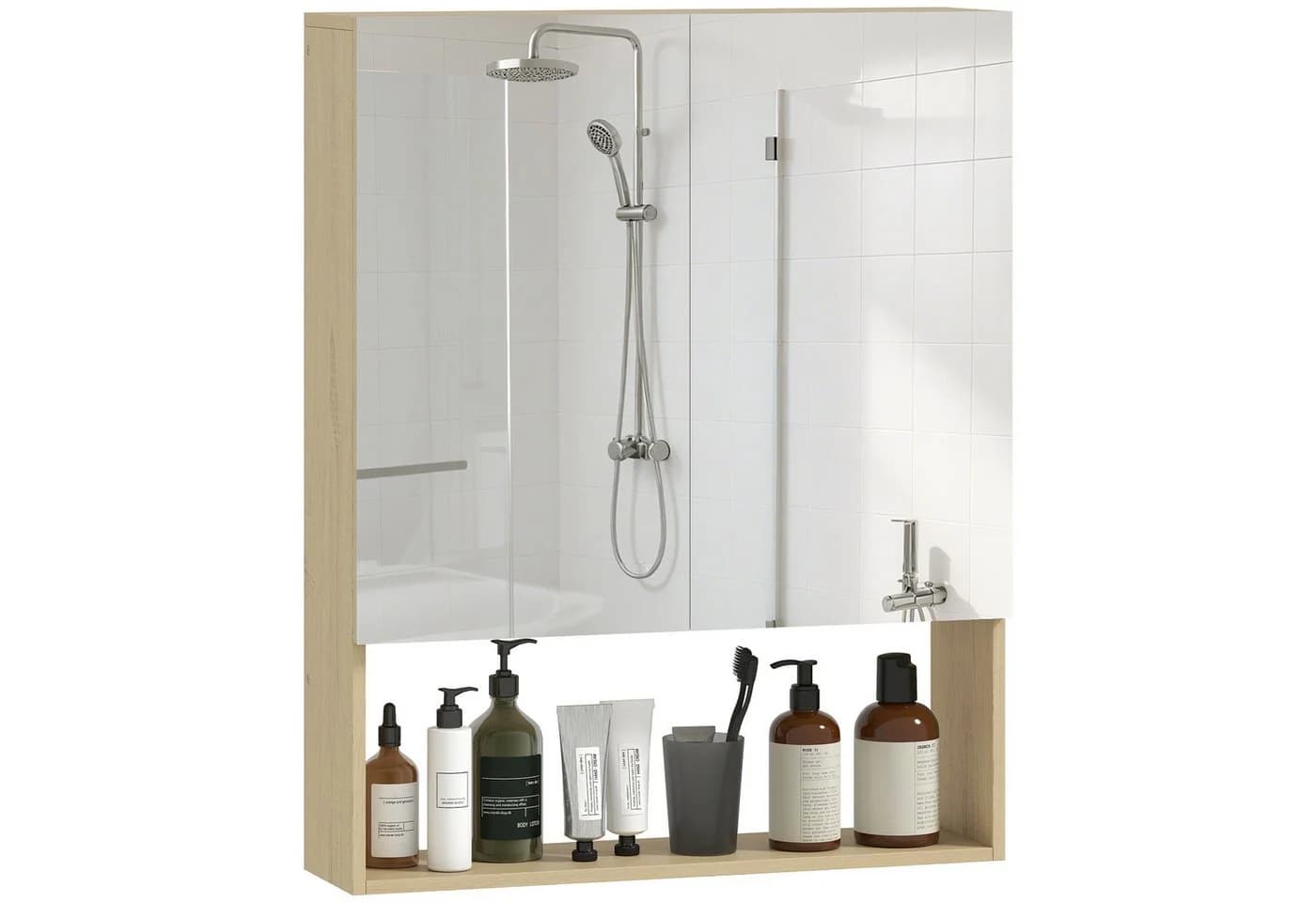 HOMCOM Spiegelschrank mit Spiegel, Soft-Close, 2 Türen, Verstellbarem Regal, Eiche