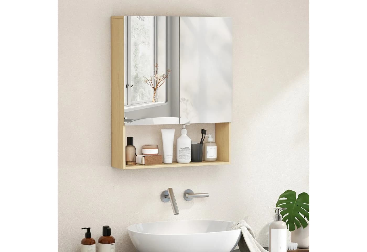 HOMCOM Spiegelschrank mit Spiegel, Soft-Close, 2 Türen, Verstellbarem Regal, Eiche - Bild 2