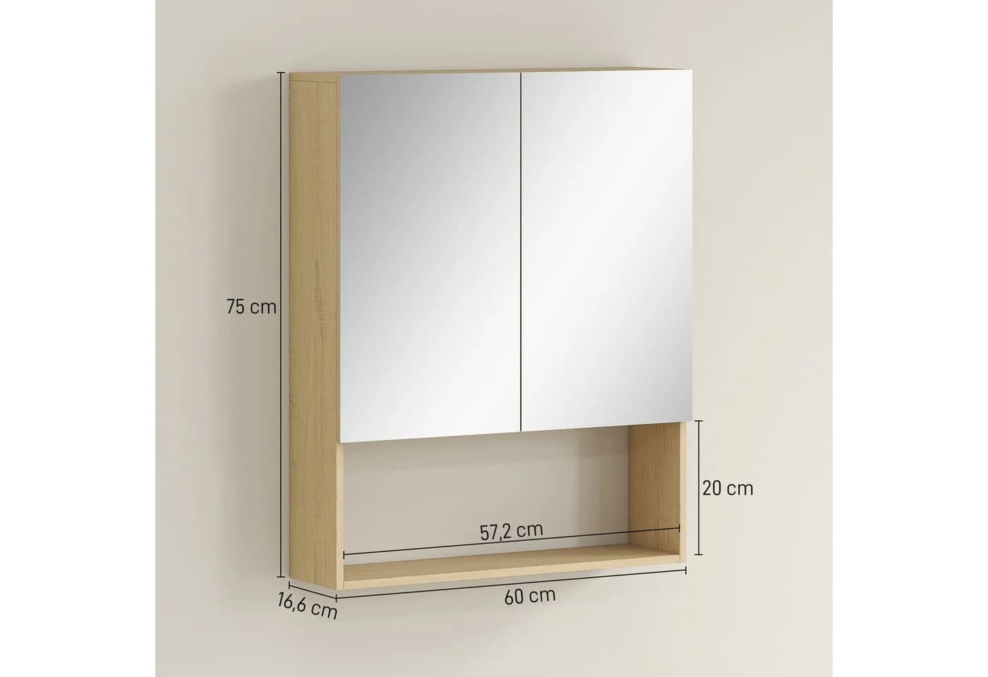 HOMCOM Spiegelschrank mit Spiegel, Soft-Close, 2 Türen, Verstellbarem Regal, Eiche - Bild 3