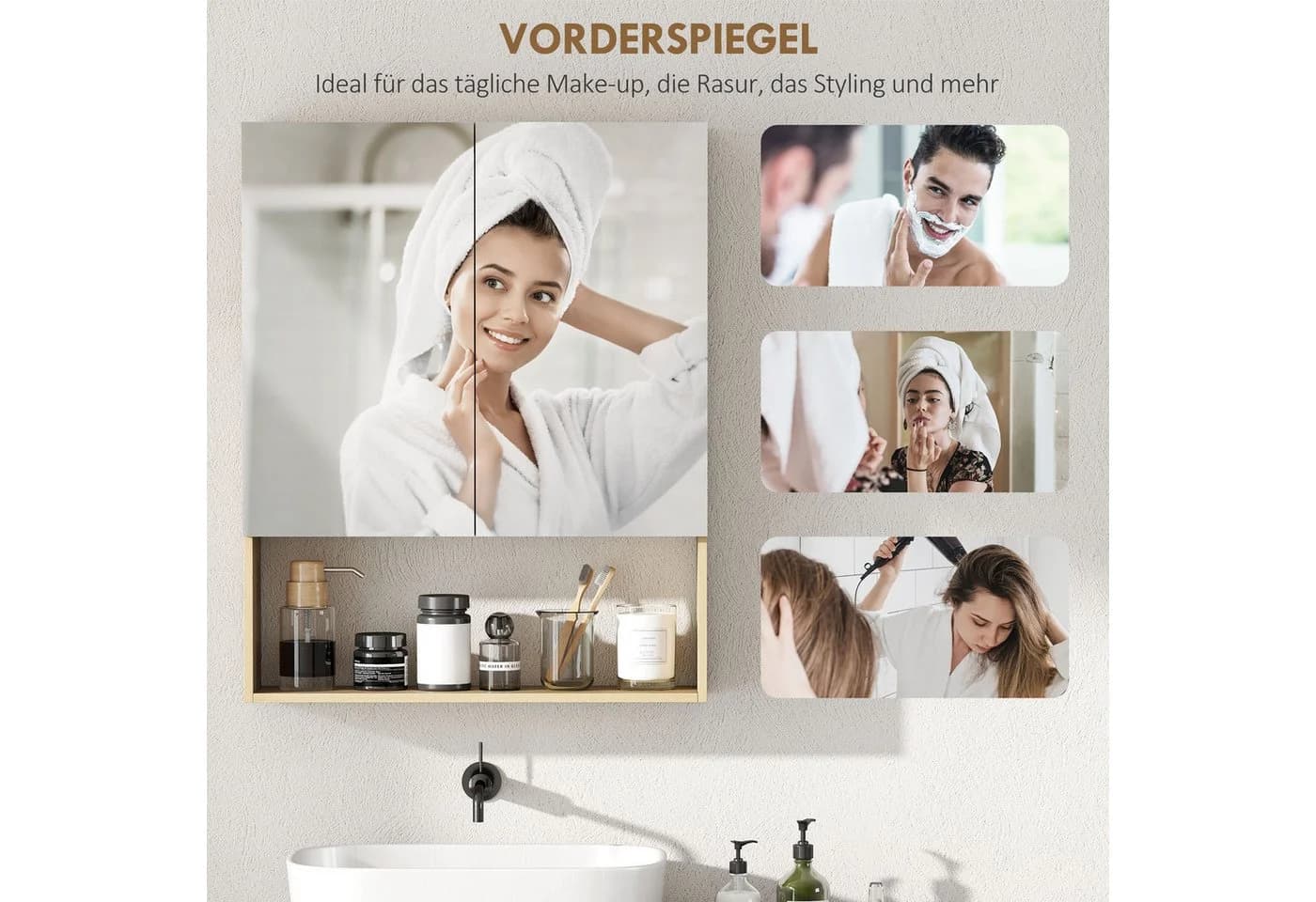 HOMCOM Spiegelschrank mit Spiegel, Soft-Close, 2 Türen, Verstellbarem Regal, Eiche - Bild 4