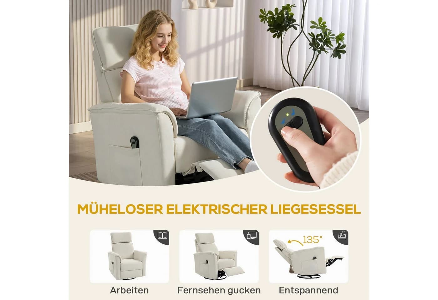 HOMCOM Relaxsessel mit Liegefunktion, Cremeweiß, elektrischer Fernsehsessel - Bild 4