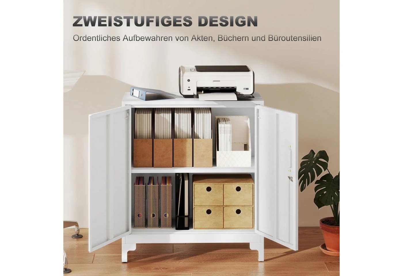 HOMCOM Aktenschrank Weiß Abschließbar 2 Ebenen Metall - Bild 4