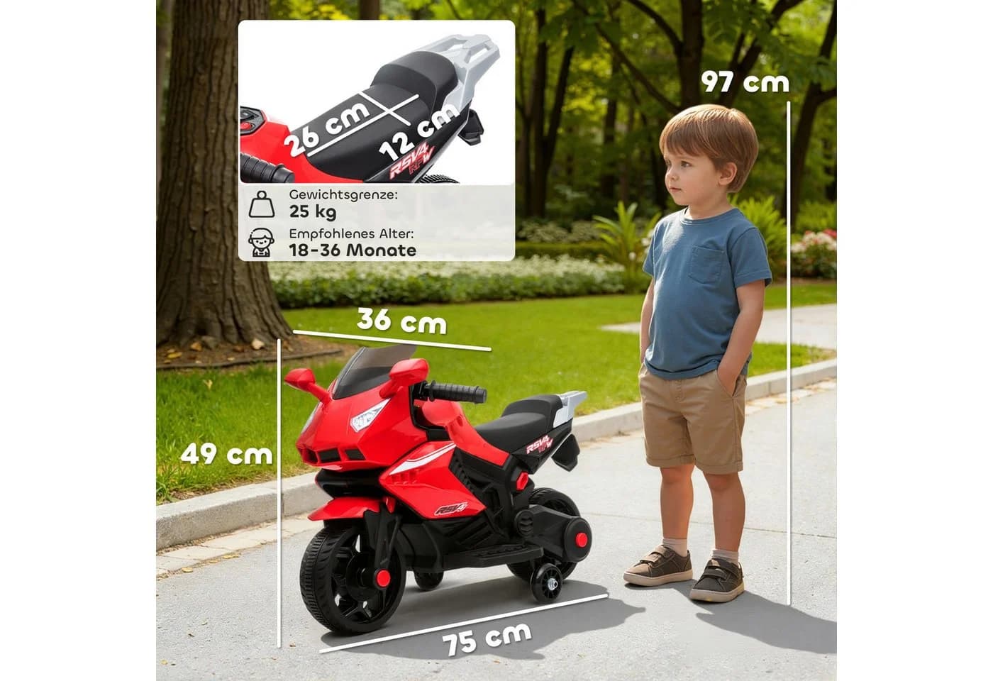 AIYAPLAY Elektro-Kindermotorrad mit USB, Stützrädern, Musik, Hupe, Scheinwerfer, Belastbarkeit 25 kg, für Kinder 1,5–3 Jahren Rot - Bild 3
