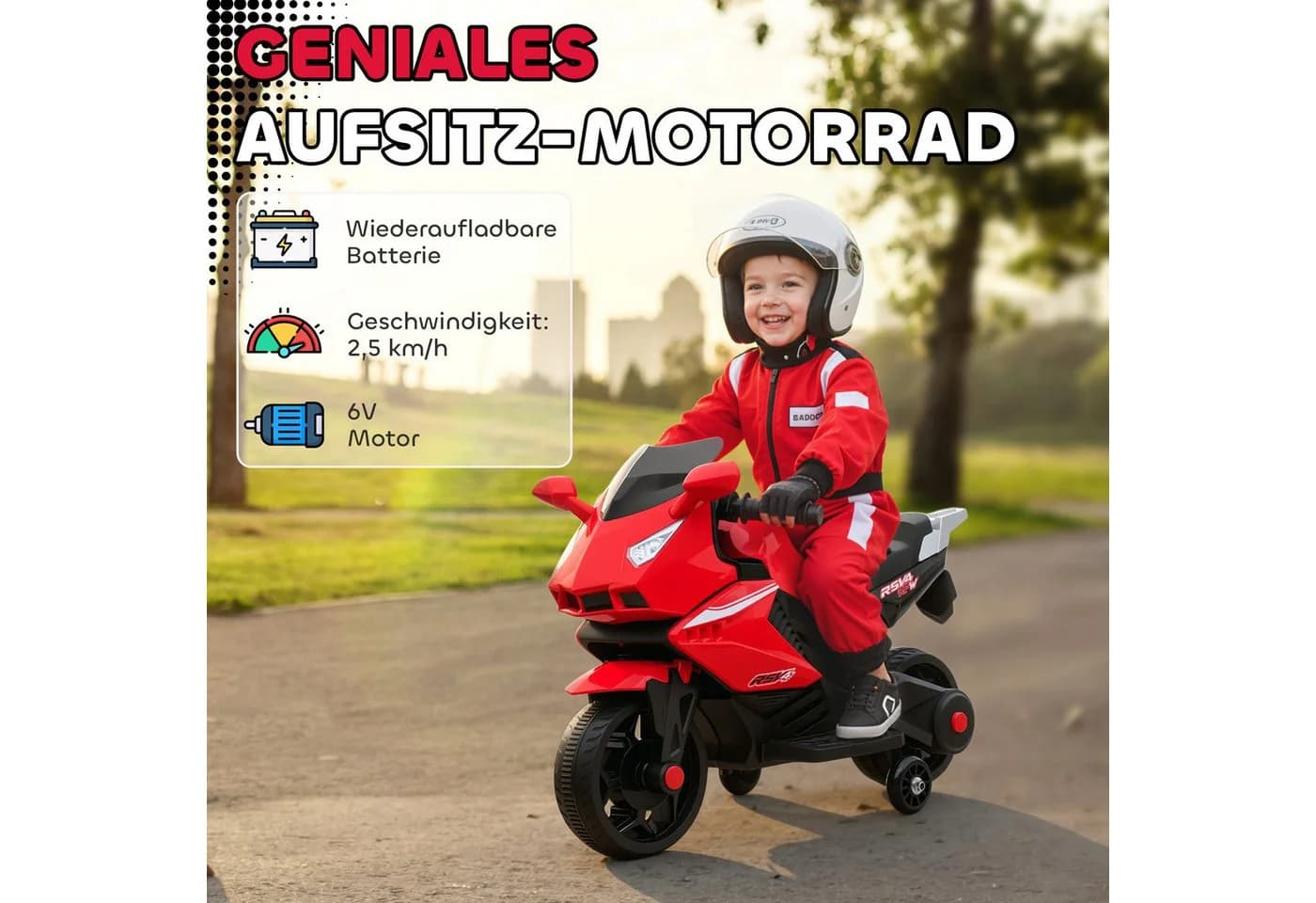 AIYAPLAY Elektro-Kindermotorrad mit USB, Stützrädern, Musik, Hupe, Scheinwerfer, Belastbarkeit 25 kg, für Kinder 1,5–3 Jahren Rot - Bild 4