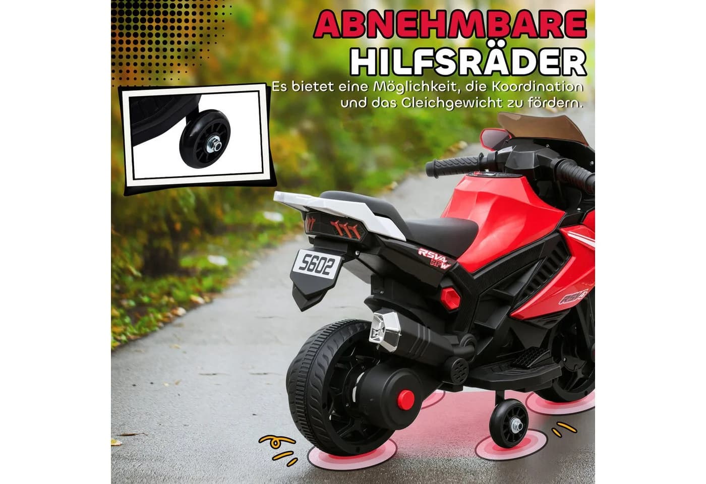AIYAPLAY Elektro-Kindermotorrad mit USB, Stützrädern, Musik, Hupe, Scheinwerfer, Belastbarkeit 25 kg, für Kinder 1,5–3 Jahren Rot - Bild 5