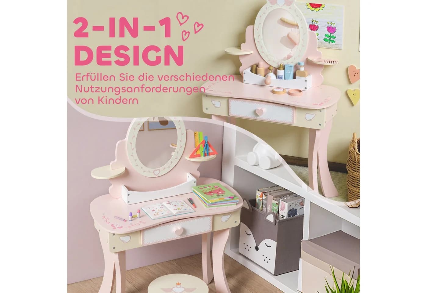 AIYAPLAY Schminktisch mit Hocker, Schublade, abnehmbarer Spiegel, Regal, 7 Spielzubehörteilen, Rosa - Bild 4