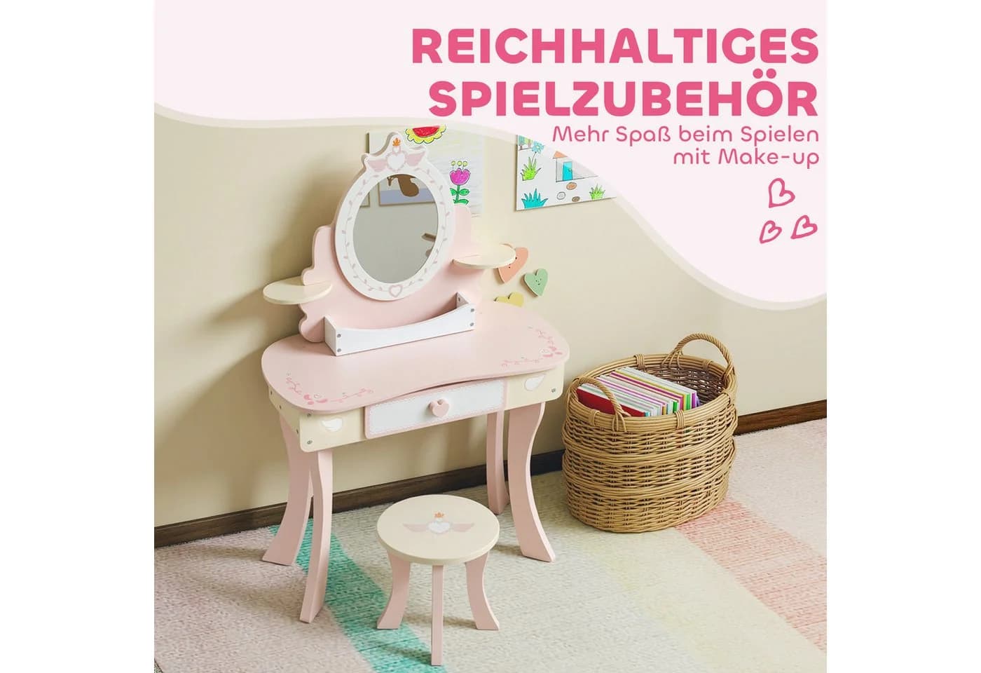 AIYAPLAY Schminktisch mit Hocker, Schublade, abnehmbarer Spiegel, Regal, 7 Spielzubehörteilen, Rosa - Bild 5