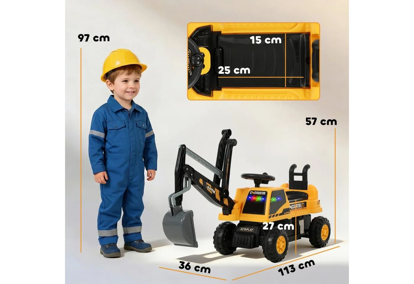 AIYAPLAY Kinder Aufsitzbagger mit Schaufel, Licht und Sound - Bild 3