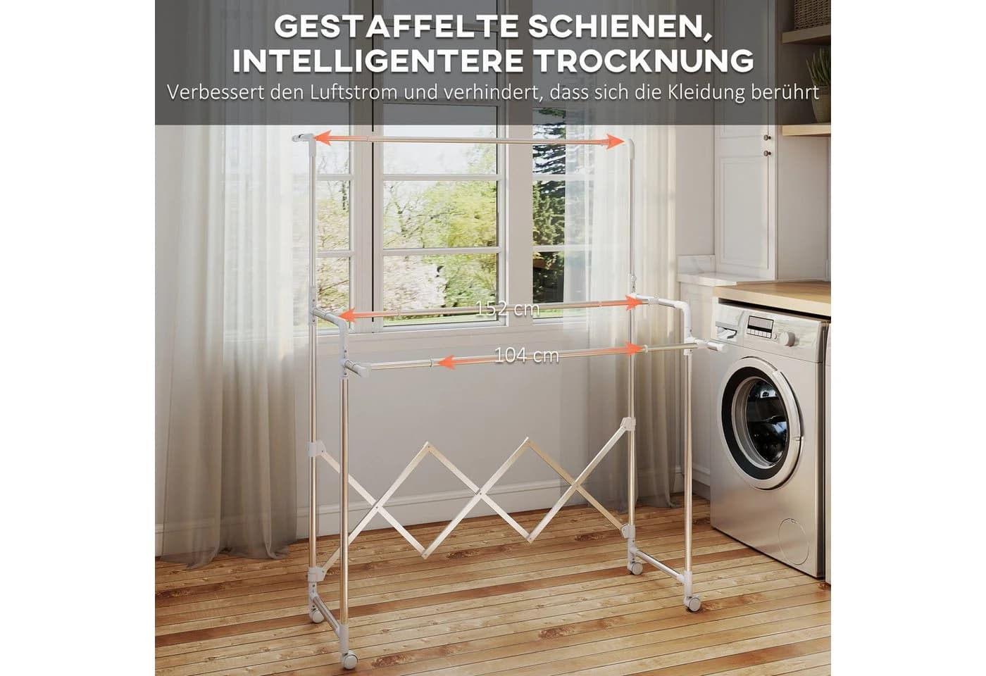 HOMCOM Turmwäscheständer Edelstahl mit Rollen, 3 verstellbare Stangen, Silber - Bild 4