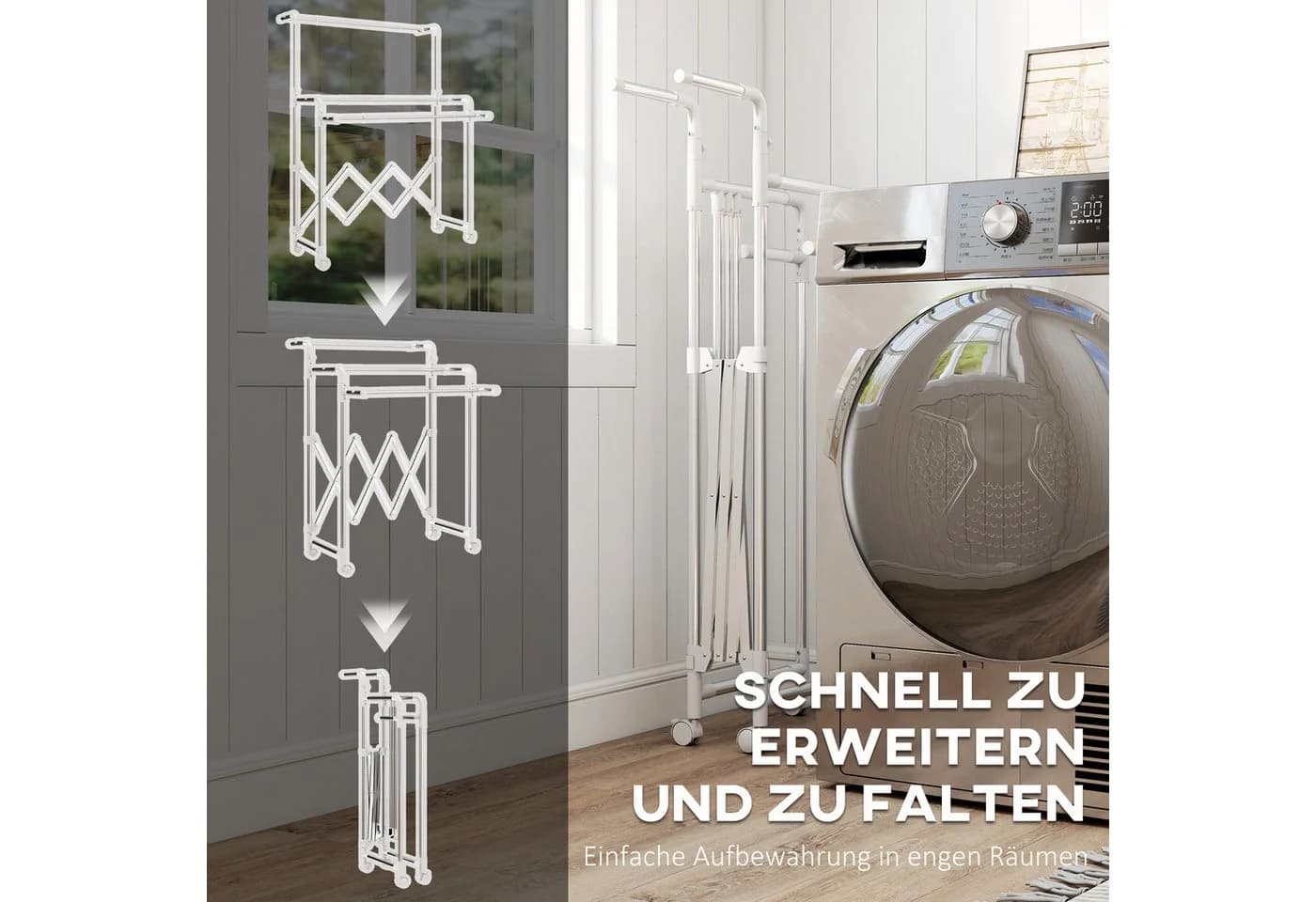 HOMCOM Turmwäscheständer Edelstahl mit Rollen, 3 verstellbare Stangen, Silber - Bild 5